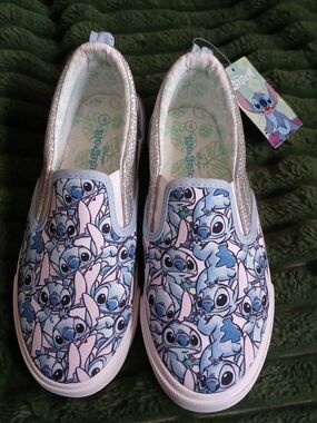 Disney Stitch Pattern Slip-On Sneakers in Light Blue and Silver Glitter Youth 4